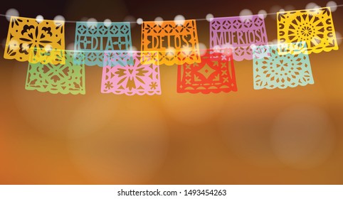 Dia de los Muertos, Mexican Day of the Dead holiday web banner. Halloween card, invitation. String of lights and garland of colorful paper cut party bunting flags. Blurred background, vector.