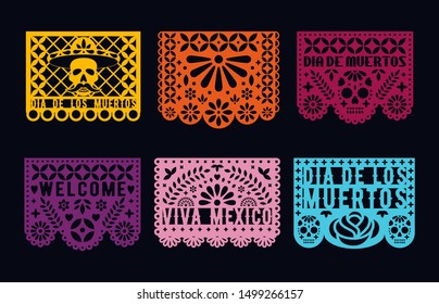 Dia De Los Muertos - Mexican Day Of The Dead. Cut Out Paper Cards Set. Papel Picado Collection.