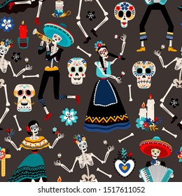Dia de los muertos, mexican day of the dead pattern with skulls, skeletons and flowers, vector illustration