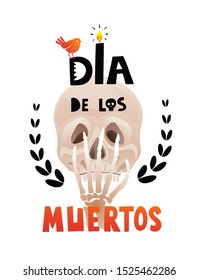 Dia de los Muertos Mexican traditional holiday  poster design, isolated on white. Skull and skeleton hand with lettering sign invitation design for day of the dead in Mexico.