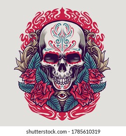 Cultura de ilustración del cráneo mexicano Dia de los muertos y para stickers de mercadería, línea de ropa