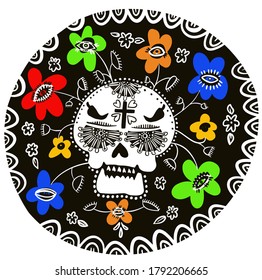 Dia de los Muertos mexican sugar skull. Floral Decorated skull. Design element for logo, label, emblem, sign, poster, t shirt. Vector illustrationIllustration of mexican sugar skull. Day of the dead.