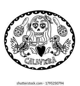 Dia de los Muertos mexican sugar skull. girl skeleton sits and plays maracas on the day of the death of all saints. Vector skull icon for cards, posters, stickers and professional design.