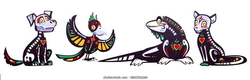 Dia de los Muertos, mexican Day of Dead with animals skeletons. Vector cartoon set of black cat, dog, parrot and lizard with colorful pattern of bones, skulls, heart and flowers