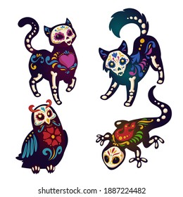 Dia de los Muertos, mexican Day of Dead mit Tieren Skelette. Vektorgrafik-Set von schwarzer Katze, Hund, Eule und Eidechse mit buntem Muster aus Knochen, Schädel, Herz und Blumen einzeln auf Weiß