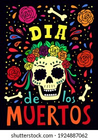 Dia de Los Muertos. Día de los Muertos en México. Cartel, tarjeta con flores, cráneo de azúcar en corona y arcos, huesos. Ilustración dibujada a mano del vector sobre fondo oscuro.