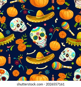 Dia de Los Muertos Mexican seamless pattern. Day of the dead holiday decoration, fabric print or vector background with calavera skulls and bones, sombrero hat, maraca and marigold flowers, pumpkin