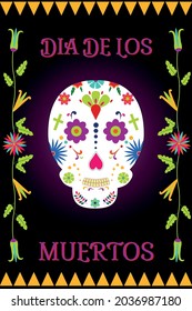 "'Dia de Los Muertos"' - Mexican Day of the Dead holiday. Vector illustration with skull and floral elements in ethnic Otomi Tenango embroidery style . For greeting card, banner, fiesta invitation.