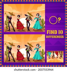 Dia De Los Muertos Mexican Holiday Maze, Kids Education Game Vector Design. Find 10 Differences Puzzle, Memory Game Matching Pictures Riddle With Day Of The Dead Dancing Skeletons, Skulls And Sombrero