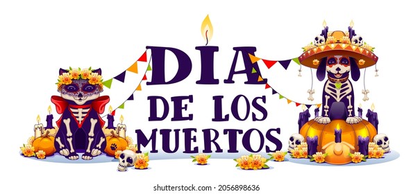 Dia de los muertos mexican holiday Day of Dead lettering text greeting card. Skeleton dog and cat. Vector cartoon illustration isolated on white