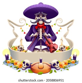 Dia de los muertos mexican holiday skeleton old man musician violin. Day of Dead greeting card. Vector cartoon illustration isolated on white