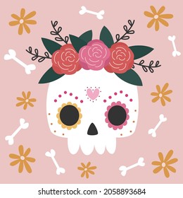 Dia de los muertos, Mexican Day of the Dead cute cartoon greeting card vector colorful illustration