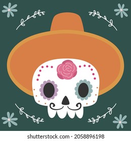 Dia de los muertos, Mexican Day of the Dead cute cartoon greeting card vector colorful illustration