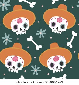 Dia de los muertos, Mexican Day of the Dead cute cartoon colorful seamless vector pattern background illustration