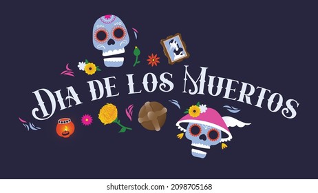 Dia de los Muertos Mexican day of the dead header title and illustrations