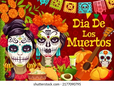 Dia de los Muertos mexikanisches Urlaubsposter. Vektortag des toten festlichen Designs mit Catrina-Charakter, Zuckerschädel, Ringelblumen, Papelpikadomaterial. Traditionelle Speisen, Tequila, Gitarre oder Kürbis