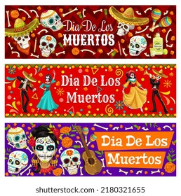 Dia de los Muertos mexikanische Charaktere und Zucker calavera Schädel. Tag der Toten Feiertage Persönlichkeiten und Gegenstände. Vektorbanner mit Catrina-, Mariachi- und Tanzskeletten, Ringelblumen, Knochen, Gitarre