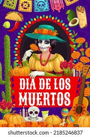 Dia de los Muertos mexican holiday poster. Vector dead day design with Catrina, sugar skull, marigold flowers, papel picado flags. Traditional festive food, tequila, maracas, guitar, cacti or pumpkin