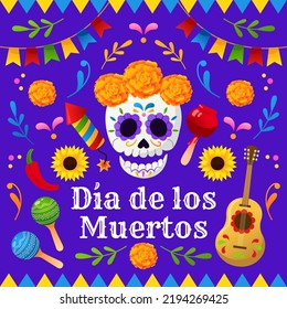 Dia de los Muertos Mexican holiday greetings and Day of Dead celebration symbols. Vector illustration of calaveras skull, guitar, maracas and marigold flowers. 