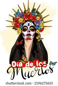 Dia de los muertos mexican holiday cartoon illustration. Day of the dead makeup with floral wreath fashion drawing. Woman with sugar skull. Halloween poster, greeting card design template with text