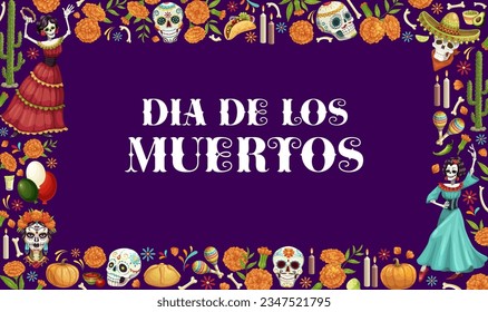 Dia de los muertos Mexican holiday banner with day of the dead sugar skulls, candles, marigold flowers and characters, celebrating the spirits of the departed. Vibrant and colorful vector background