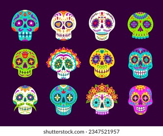 Dia de los muertos mexican calavera sugar skulls. Day of the dead holiday. Cartoon vector set of male and female craniums with floral pattern. Traditional Mexico festival symbols for Death celebration