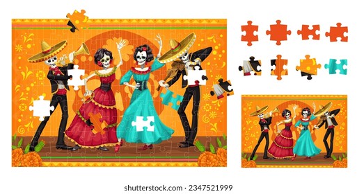 Dia de los muertos Mexican holiday characters. Jigsaw puzzle game pieces. Vector educational game worksheet with cartoon skeletons of Catrina dancers and mariachi musicians perform party event