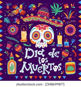 Dia de los muertos mexican holiday banner. Day of the dead poster with calavera sugar skull, tequila drink, candle and tropical flowers. Vector greeting card with calaca head wear traditional sombrero