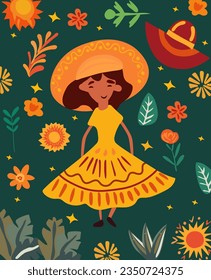 Dia de los Muertos, Mexican Holiday with girl in hat, colorful flowers and leaves around. Perfect for web, posters, banner, card. Vector