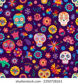 Dia de los muertos mexican seamless pattern with sugar calavera skulls and tropical flowers. Vector repeated ornament in traditional alebrije style with decorated dead calaca heads and floral elements