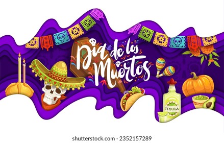 Banner de corte de papel de feriado mexicano Dia De Los Muertos o fondo vectorial Día de los Muertos. Banner de la fiesta de Dia de Los Muertos con calavera en el sombrero, tequila y banderas de picado en papel cortadas