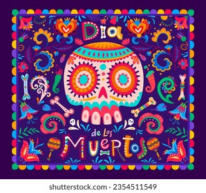 Dia de los Muertos mexican holiday banner. Tropical flowers, calavera sugar skull and maracas. Mexico traditional festival banner or vector poster with ornate skull, bones, chili, flowers pattern