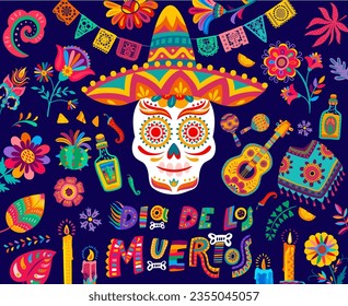 Dia De Los Muertos mexican holiday flyer with calavera sugar skull, candles, guitar and tropical flowers. Vector Day of the Dead or Mexico Halloween holiday pattern with sombrero hat, maracas, tequila