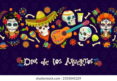 Dia De Los Muertos mexican holiday banner. Day of the Dead sugar skulls vector characters, guitar and maracas. Cartoon Catrina Calavera and mariachi skeletons, marigold flowers and bone, Mexico fiesta