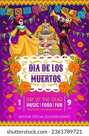 Dia De Los Muertos, Mexican holiday party flyer, Day of Dead event vector invitation poster. Mariachi musician skeleton in sombrero and Catrina calavera at altar with marigolds for Dia De Los Muertos