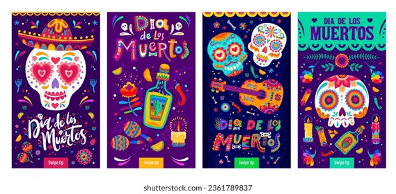 Dia De Los Muertos Mexican holiday banners, Day of Dead calavera sugar skulls in sombrero, vector background. Mexican fiesta holiday guitar, maracas and tequila with chili pepper and candles