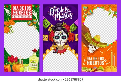 Dia de Los Muertos Mexican holiday templates for social media and blog posts, vector frames. Day of Dead or Dia de Los Muertos backgrounds with Mexican Catrina calavera, tequila and marigold flowers