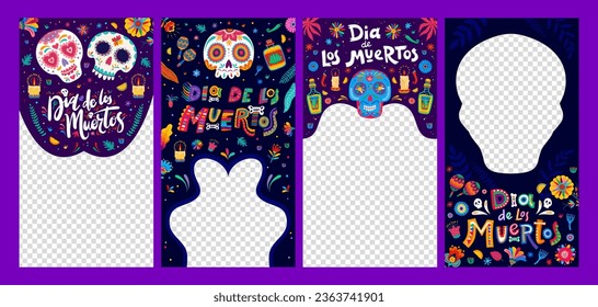 Dia de Los Muertos Mexican holiday social media templates for blog and posts, vector frames. Mexican calavera skulls, tequila and maracas with candles for Day of Dead or Dia de Los Muertos celebration