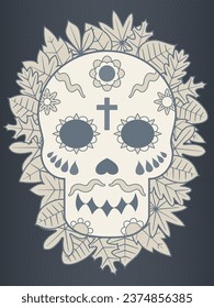 Dia de los Muertos. Mexican Day of the Dead. Skull with flowers and leaves vector illustration