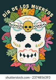 Dia de los Muertos. Mexican Day of the Dead. Skull with flowers and leaves vector illustration