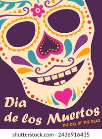 Dia de Los Muertos, Mexican Day of the Dead card, invitation. Colorful sugar skull with floral ornament. Template for background, banner, card, poster. Vector illustration.