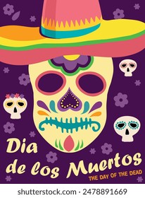 Dia de Los Muertos, Mexican Day of the Dead card, invitation. Colorful sugar skull with floral ornament. Template for background, banner, card, poster. Vector illustration.