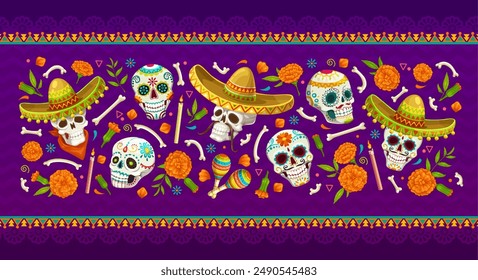 Dia de los Muertos Mexican holiday banner with sugar calavera skulls and marigold flowers. Day of the dead vector pattern with calaca heads wear traditional sombrero, candles, bones, maracas, tagetes