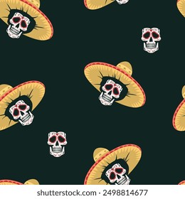 Dia De Los Muertos Mexican Seamless Pattern with calavera sugar skulls. Day of the dead.