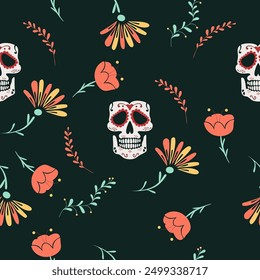 Dia De Los Muertos Mexican Seamless Pattern with calavera sugar skulls and flowers. Day of the dead.