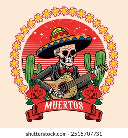 Dia de Los Muertos Mexican Calavera Skulls Festiva Vector dibujado a mano ilustración de dibujos animados para pegatina, insignia, parche, Anuncio, tarjeta de felicitación, invitación