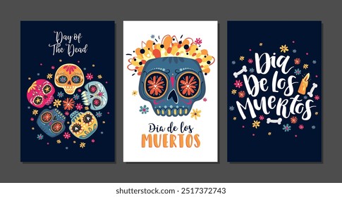 Dia de Los Muertos, Mexican Day of the Dead, set of greeting cards with hand drawn lettering, flowers, skulls on dark blue and white background