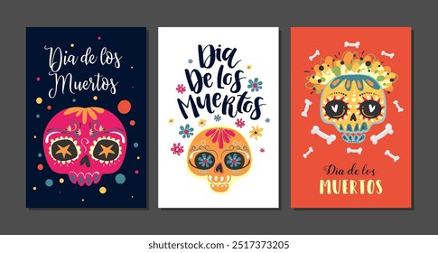 Dia de Los Muertos, Mexican Day of the Dead, set of greeting cards with hand drawn lettering, flowers, skulls on dark blue and white background