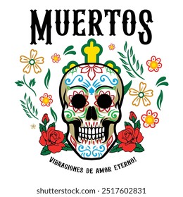 Dia de Los Muertos Mexican Calavera Skulls Festiva Vector dibujado a mano ilustración de dibujos animados para pegatina, insignia, parche, Anuncio, tarjeta de felicitación, invitación