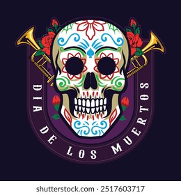 Dia de Los Muertos Mexican Calavera Skulls with Trumpet Holiday vector hand drawn cartoon illustration for sticker, badge, patch, banner, greeting card, invitation